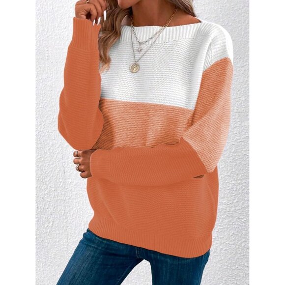 Women's Orange Long Sleeve Crew Neck Color Block Fall Fashion Pullover Sweaters - Picture 3 of 5